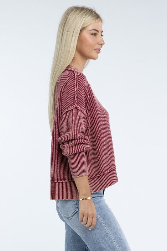 Washed Side Slit Oversized Cropped Sweater ZENANA