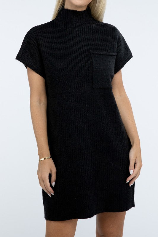 Mock Neck Short Sleeve Sweater Dress with Pocket ZENANA