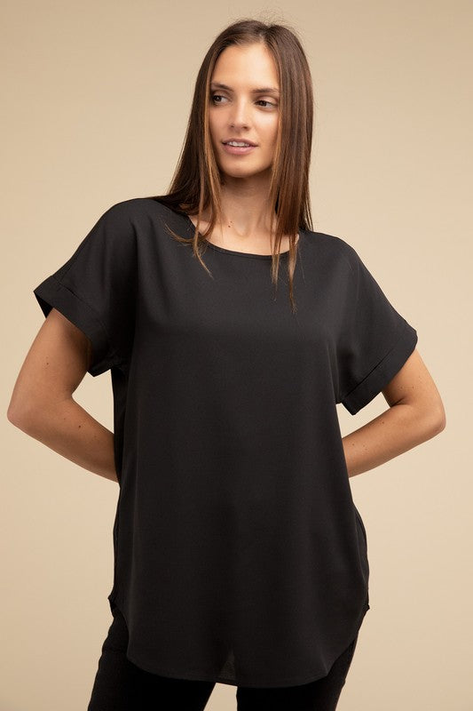 Woven Heavy Dobby Rolled Sleeve Boat Neck Top ZENANA