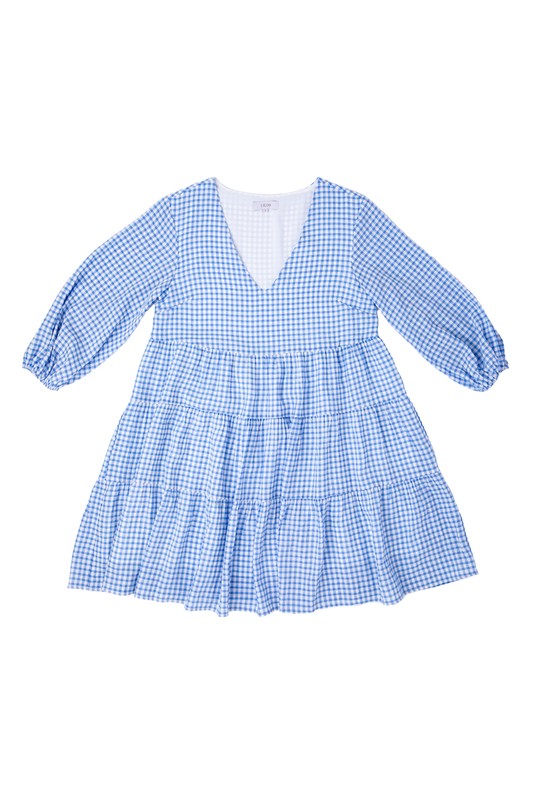 Lilou Gingham Checked Tiered Puff 3/4 Sleeves V-Neck Mini Dress