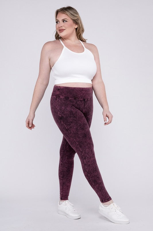 Plus Mineral Washed Wide Waistband Yoga Leggings ZENANA