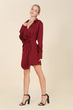 Lilou Satin Collared Wrap Side Zipper Long Sleeves Mini Dress Lilou