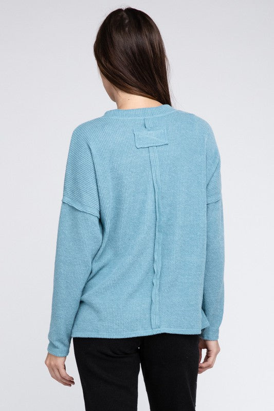 Ribbed Brushed Melange Hacci Sweater with a Pocket ZENANA