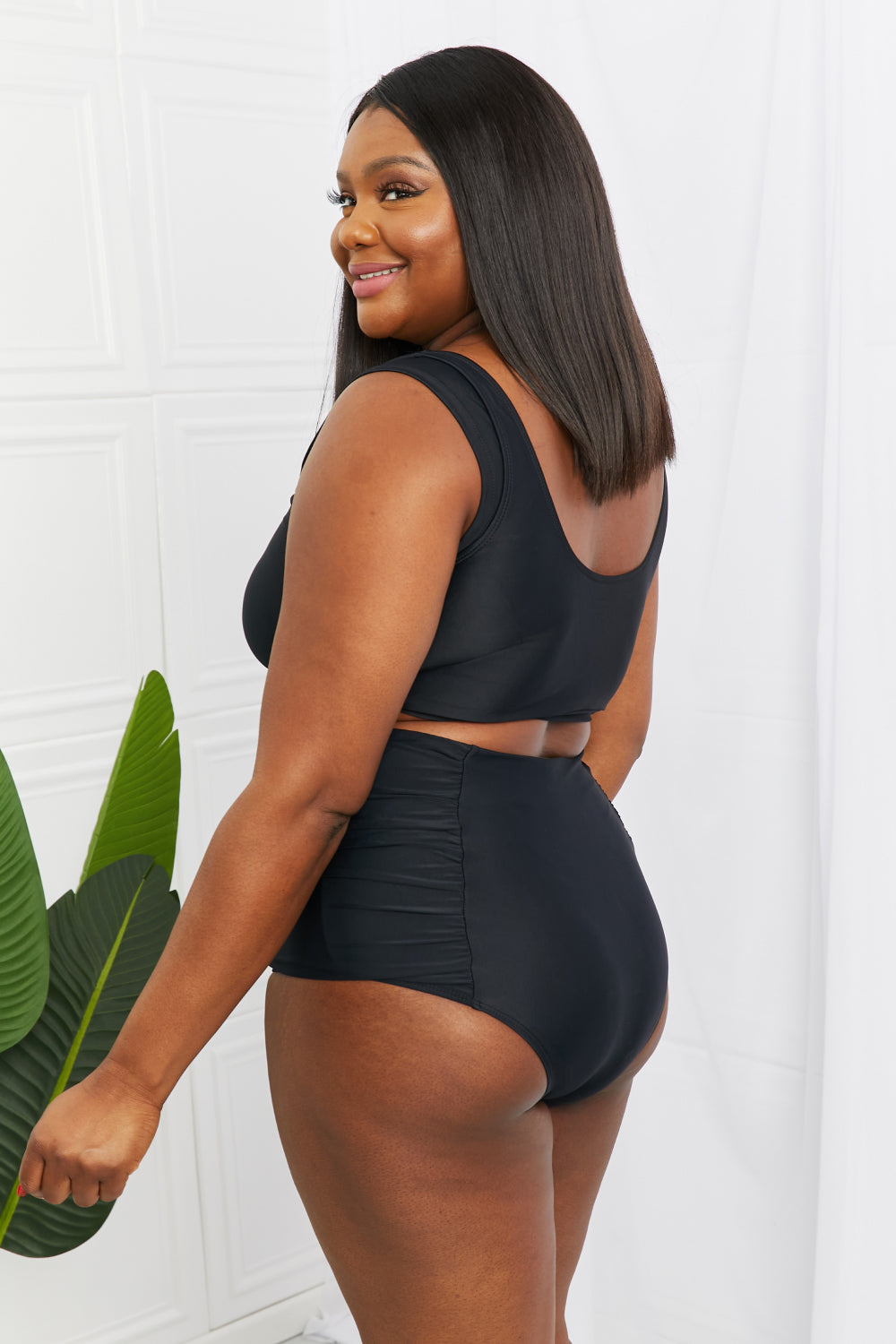 Marina West Swim Sanibel Crop Swim Top and Ruched Bottoms Set in Black - Rosa Apparel