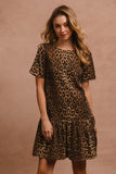 BiBi Tie Back Leopard Round Neck Short Sleeve Dress Trendsi