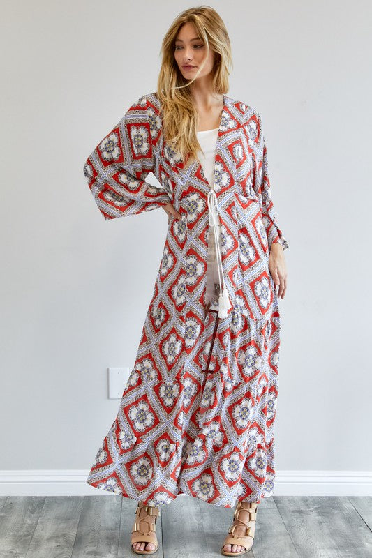 Printed Long Sleeve Loose Kimono Davi & Dani