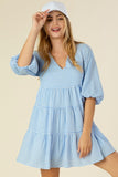 Lilou Gingham Checked Tiered Puff 3/4 Sleeves V-Neck Mini Dress