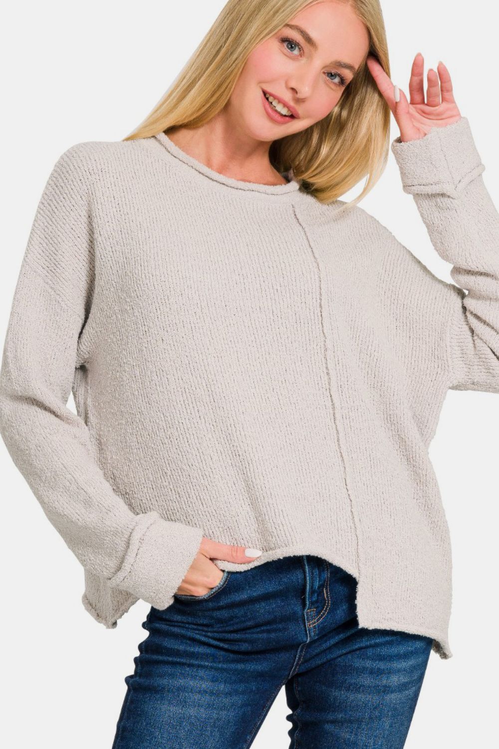 Zenana Asymmetric Hem Drop Shoulder Sweater Trendsi