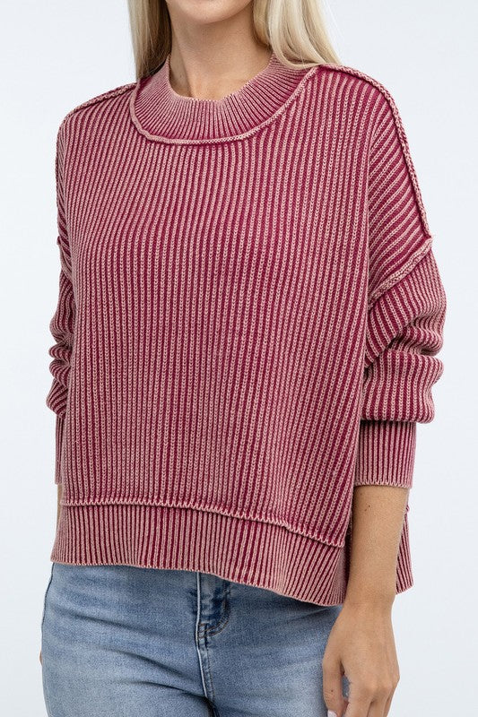 Washed Side Slit Oversized Cropped Sweater ZENANA