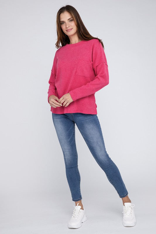 Ribbed Brushed Melange Hacci Sweater with a Pocket ZENANA