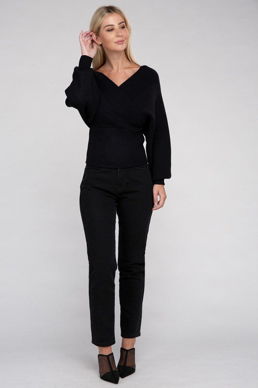 Zenana Viscose Cross Wrap V-Neck Pullover Sweater