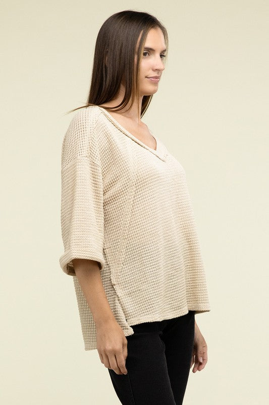 Zenana Brushed Waffle Exposed-Seam 3/4 Sleeve Top