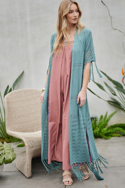 Solid Long Cardigan With Fringe Davi & Dani