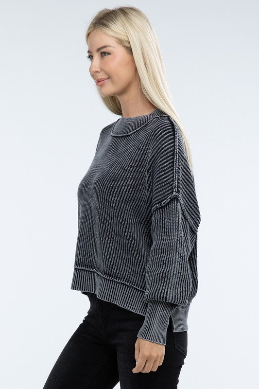 Washed Side Slit Oversized Cropped Sweater ZENANA