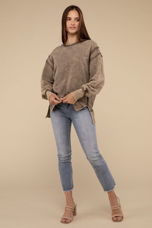 Acid Wash French Terry Exposed-Seam Sweatshirt ZENANA