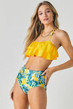 Davi & Dani Solid Ruffle Top And Printed Bottom Swimsuit - Rosa Apparel