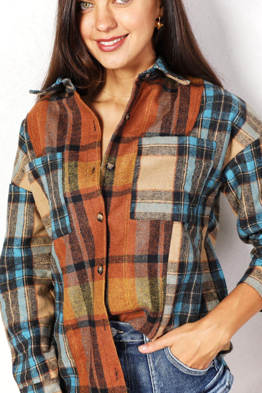 Double Take Plaid Curved Hem Shirt Jacket with Breast Pockets Trendsi