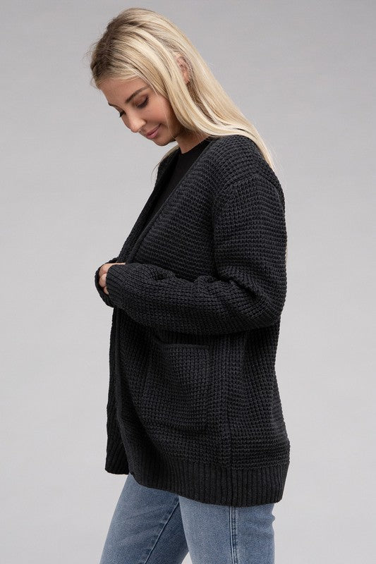 Low Gauge Waffle Open Cardigan Sweater ZENANA