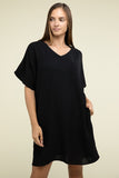 Zenana Woven Airflow V Neck T-Shirt Dress with Pockets ZENANA