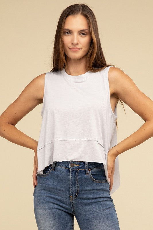 Zenana Casual Shark Bite Side Slit Round Neck Short Sleeveless Top ZENANA