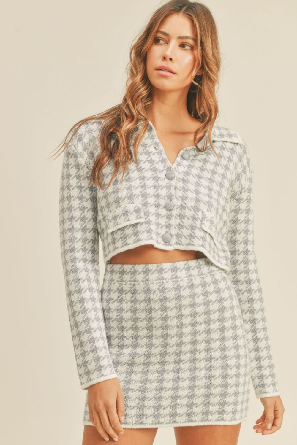 MABLE Houndstooth Cropped Knit Cardigan and Mini Skirt Set Trendsi