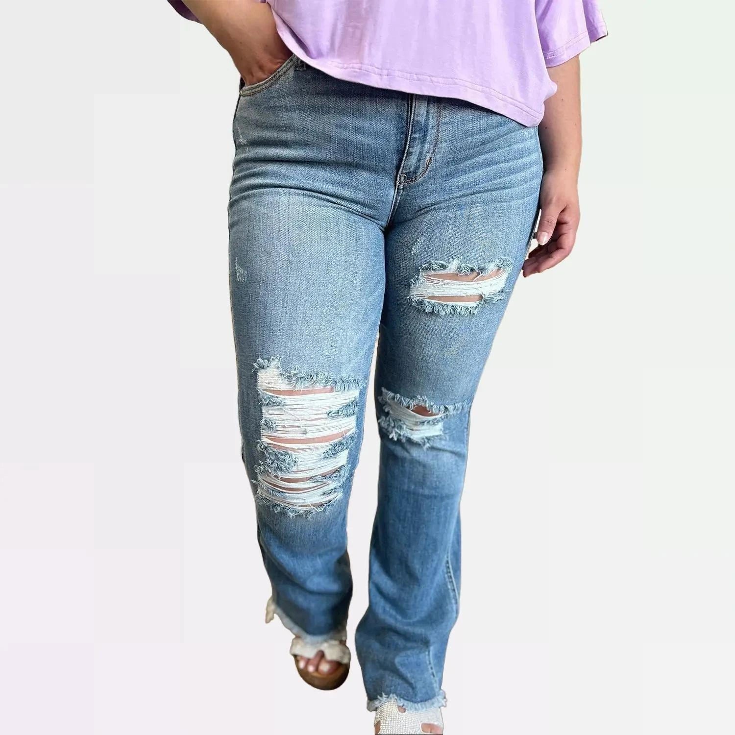 Judy Blue Full Size Distressed Casual Denim Raw Hem Bootcut Jeans Style #: 82542