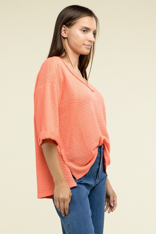 Zenana Brushed Waffle Exposed-Seam 3/4 Sleeve Top