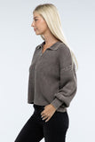 Washed Collared Henley Sweater ZENANA