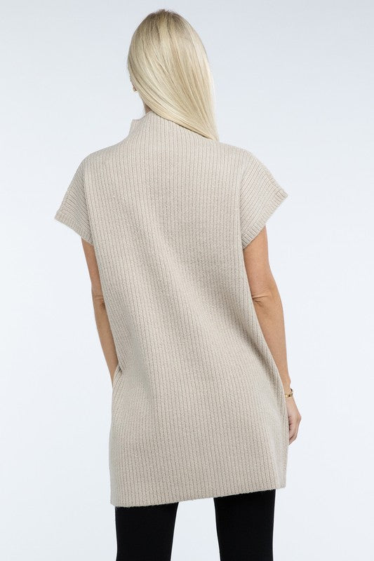 Mock Neck Short Sleeve Sweater Dress with Pocket ZENANA