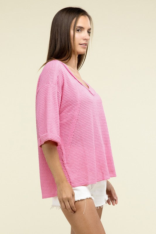 Zenana Brushed Waffle Exposed-Seam 3/4 Sleeve Top