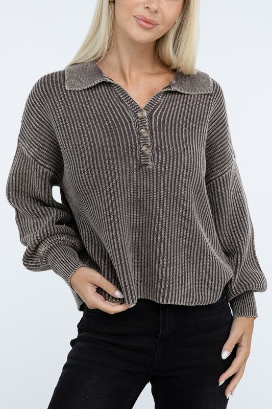 Washed Collared Henley Sweater ZENANA