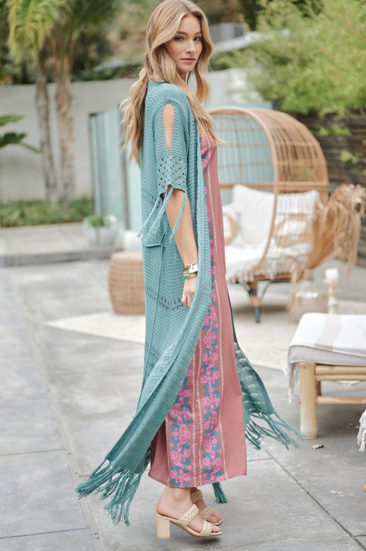 Solid Long Cardigan With Fringe Davi & Dani