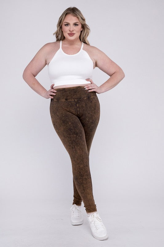 Plus Mineral Washed Wide Waistband Yoga Leggings ZENANA