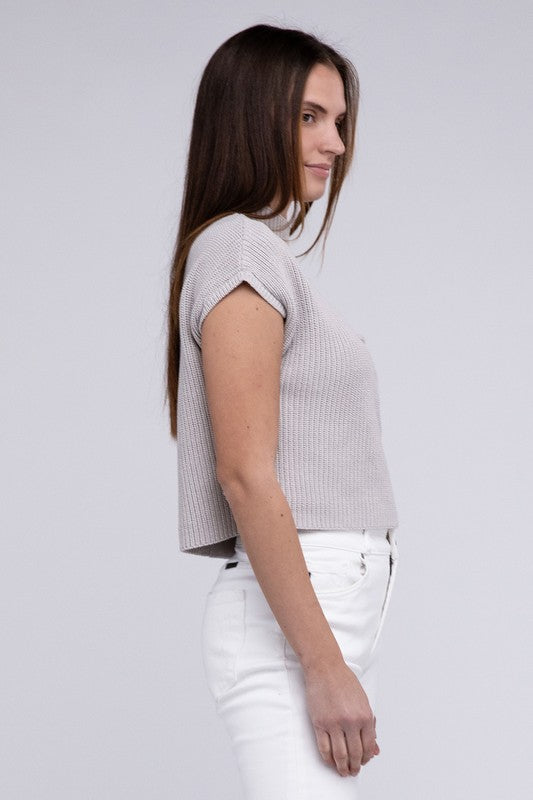 Mock Neck Short Sleeve Cropped Sweater ZENANA