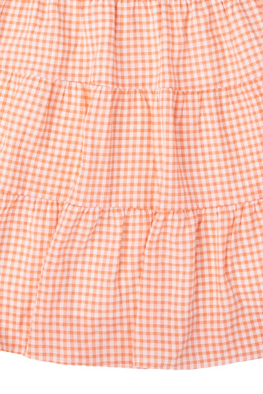 Lilou Gingham Checked Tiered Puff 3/4 Sleeves V-Neck Mini Dress