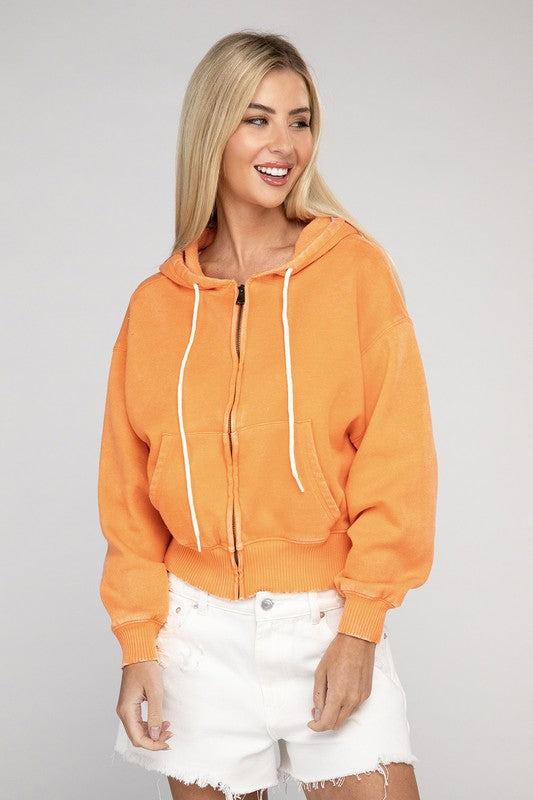 Acid Wash Fleece Cropped Zip-Up Hoodie ZENANA