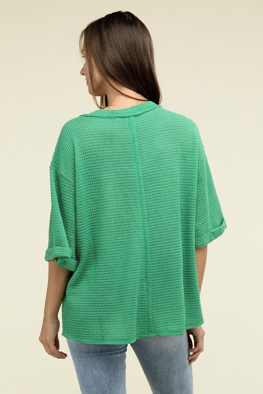 Zenana Brushed Waffle Exposed-Seam 3/4 Sleeve Top