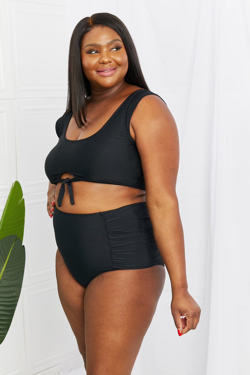 Marina West Swim Sanibel Crop Swim Top and Ruched Bottoms Set in Black - Rosa Apparel