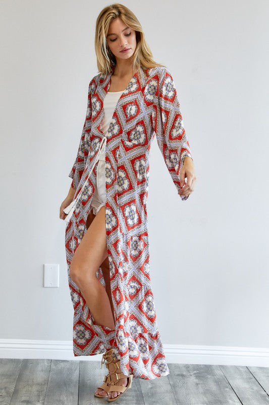 Printed Long Sleeve Loose Kimono Davi & Dani