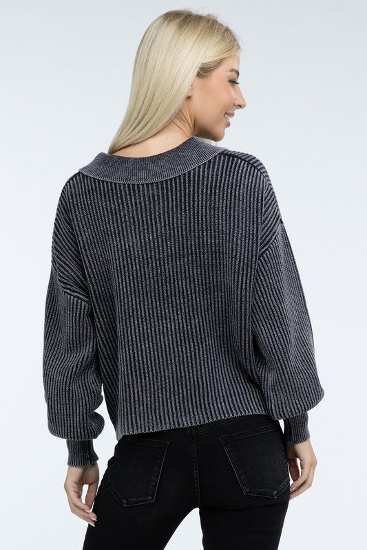 Washed Collared Henley Sweater ZENANA