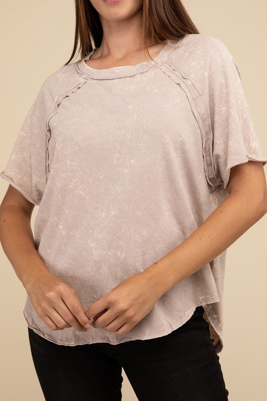 Back Patch Crinkle Washed Raglan Sleeve T-Shirt ZENANA