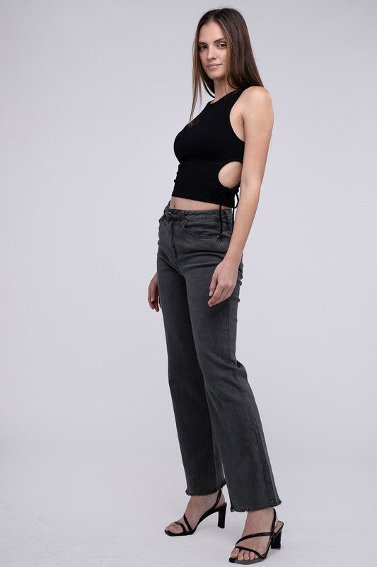 Zenana Acid Washed Frayed Cutoff Hem Straight Wide Jeans Pants ZENANA