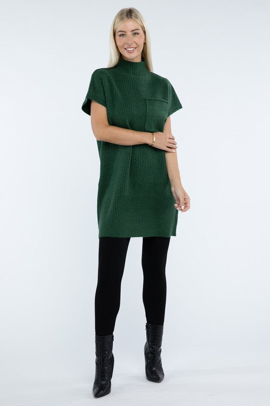 Mock Neck Short Sleeve Sweater Dress with Pocket ZENANA