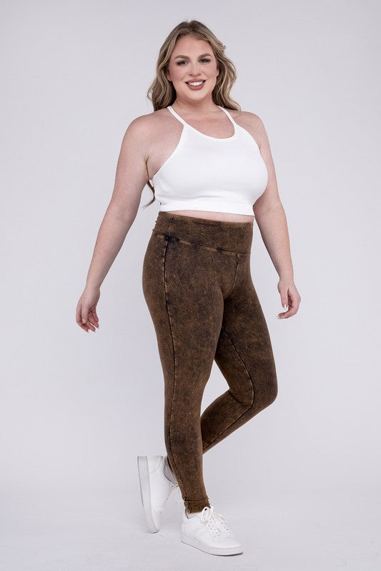 Plus Mineral Washed Wide Waistband Yoga Leggings ZENANA