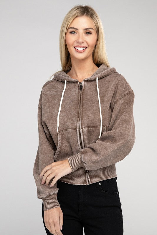 Acid Wash Fleece Cropped Zip-Up Hoodie ZENANA