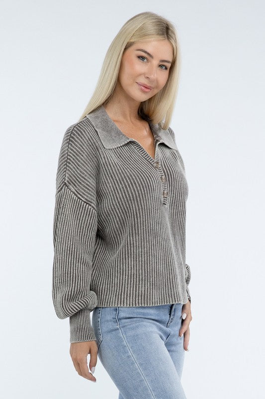 Washed Collared Henley Sweater ZENANA