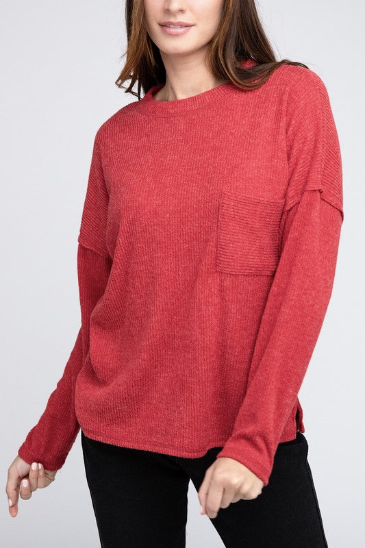 Ribbed Brushed Melange Hacci Sweater with a Pocket ZENANA