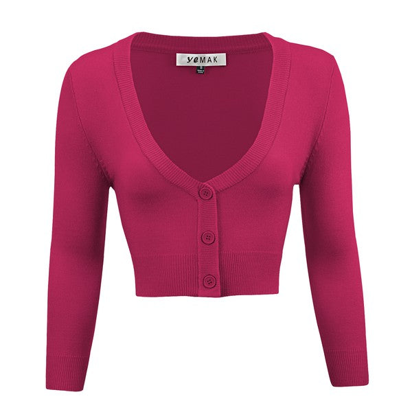 Mak Women's Cropped Bolero V-Neck 3/4 Sleeve Cardigan - Rosa Apparel