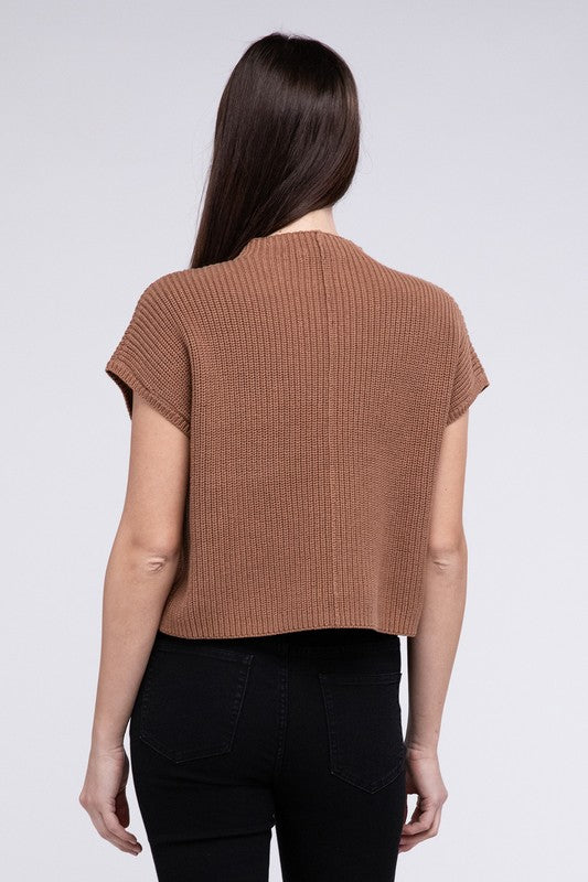 Mock Neck Short Sleeve Cropped Sweater ZENANA