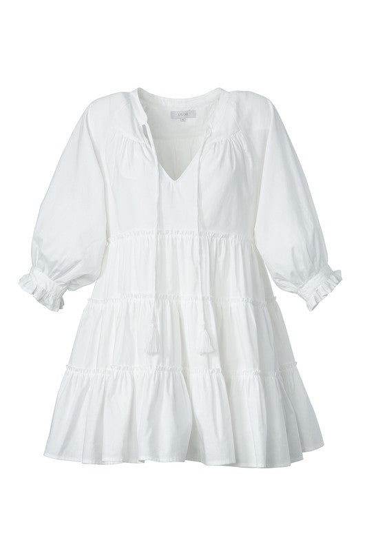 Lilou V-Neck 3/4 Raglan Sleeves Tiered Mini Dress With Tassel Lilou